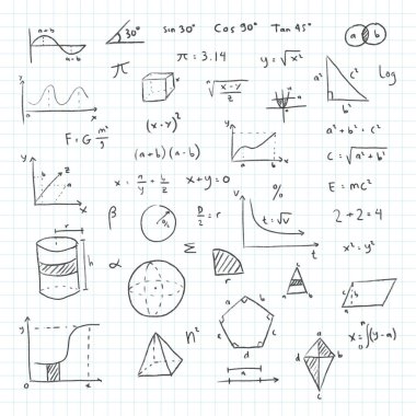 El çizimi matematik notu. Matematik sembolleri karalama defteri sayfa arka planı. Okul eğitimi geometri bilimsel formülleri ve hesaplamalar vektör illüstrasyonunu imzaladı