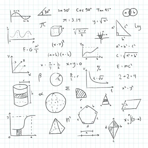Nota Matemática Desenhada Mão Símbolos Matemática Doodle Notebook Page Background —  Vetores de Stock