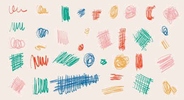 Kömür ya da tebeşirle çizilmiş kalem kıvrımları. Grunge kalem koleksiyonu. Karalamalar ve şekiller el çizimi. Kalem çizgileri ve karalama vektörü. Sert pastel boya darbeleri.