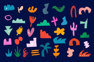 Abstract colorful basic organic shape doodle set. Random childish doodle cutouts. geometric tropical leaf and decorative art collection isolated background. minimal matisse set vector illustration