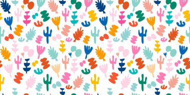Abstract colorful basic organic shape seamless pattern doodle set. Random childish doodle cutouts. geometric tropical leaf and decorative art collection. minimal matisse set vector illustration