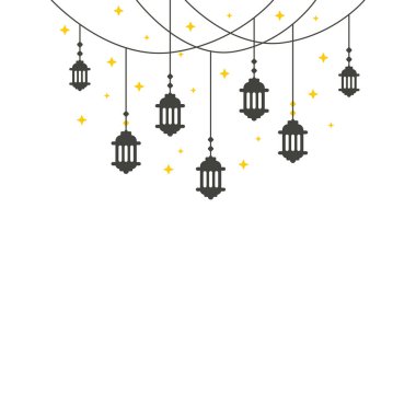 Ramazan Kareem ve Bayram Mübarek Arap fenerleri Müslüman İslam için altın yıldızlı bayram kartı. Çizgi çizgisi vektör resimleme arkaplanı