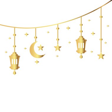 Ramazan Kareem, Bayram Fitr veya Adha Mübarek tebrik kartı için basit bir Arap fener lambası. Altın sarısı ay ve yıldız sembolü ana hat ikonu Vektör İllüstrasyonu