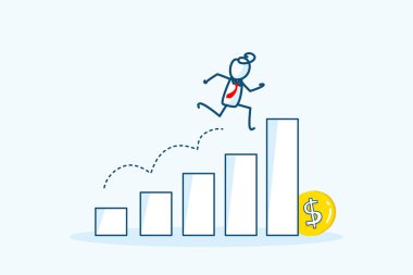 İş adamı figürlü karakter grafiğe çıkıyor. Ekonomik iş büyümesi, kariyer gelişimi, kâr ve başarılı yatırım konsepti. el çizimi biçim vektör çizimi çizimi