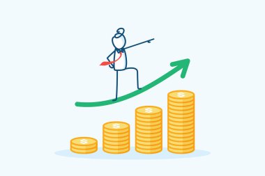 İş adamı çöp adam karakteri bozuk para yığınının üzerinde büyüyen pozitif grafik oku üzerinde duruyor. Yatırım sektöründeki kar artışı, artan gelir, yatırımları geri getiriyor. El çizimi vektör çizimi çizimi
