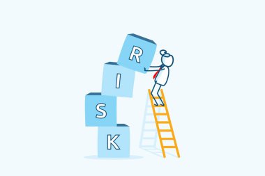 İş adamı figürlü karakter, merdivene küp küp yerleştirme riski taşıyor. Risk yönetimi değerlendirmesi ve başarı yatırımları için ölçüm analizi. el çizimi biçim vektör çizimi çizimi