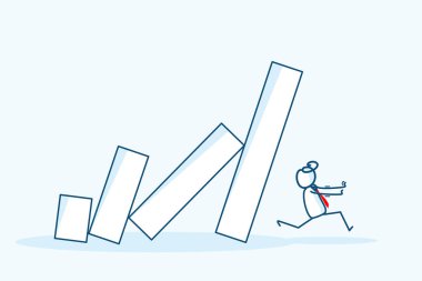 Çöken domino çubuğu etkisinden kaçan işadamı figürlü karakter. Ekonomik krizden ve iş zinciri tehlike reaksiyonundan kaçının. el çizimi biçim vektör çizimi çizimi