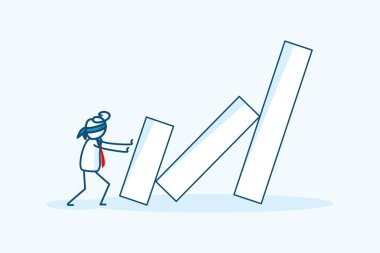 İş adamı çöp adam karakterinin gözlerini bağlarken yanlışlıkla grafikteki domino taşını düşürmüş. Ticari risk yönetimi, kriz ekonomik çöküş metaforu. el çizimi biçim vektör çizimi çizimi