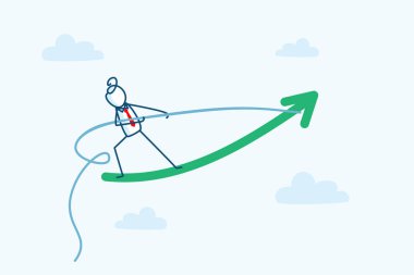 Takım elbiseli bir işadamı çubuğu karakteri büyük bir oku gökyüzüne doğru çeker. Hırs ve başarı gelişimi ve çabalarında ilerleme. el çizimi biçim vektör çizimi çizimi