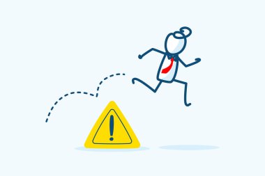 İş adamı çöp adam karakter atlaması bir ünlem işareti geçti. Sorunu çözmek, riski tanımlamak ya da kritik hata kavramından kaçınmak. el çizimi biçim vektör çizimi çizimi