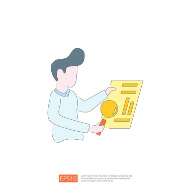 Büyüteçle veri analiz eden adam, vektör çizimi, düz çizgi film tarzı. Araştırma, veri analizi, soruşturma ve iş dünyası kavramı.