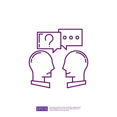 Konuşan ve soru işareti olan iki kişiyle iletişim ve diyalog simgesi. Vektör illüstrasyonu.