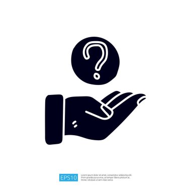 Üzerinde soru işareti olan bir madeni parayı tutan elin çizimi.