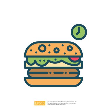 Marul, domates ve saat ikonuyla çizilmiş bir hamburger çizimi, hızlı bir yemek ya da zamanla ilgili bir yemek öneriyor..