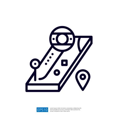 Konum iğnesi ve dairesel işaretli bir haritanın soyut bir çizimi, navigasyon veya seyahat önerir.