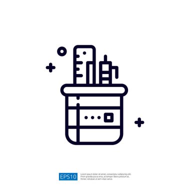 Sıvı ile dolu basit bir deney kabı çizimi, ölçüm terazileri ve çeşitli laboratuvar araçları, bilimsel deneyleri ve araştırmaları sembolize eder..