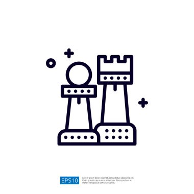 Bu resim satranç oyununu ve stratejik unsurlarını sembolize eden bir satranç piyonu ve kalesinin basitleştirilmiş çizgi çizimini içerir..