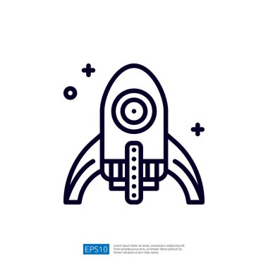 Etrafında yıldızlar olan keşif ve macerayı sembolize eden basit bir uzay gemisi çizimi..