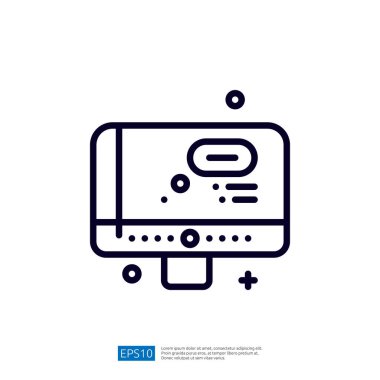 Bu resim, modern bir bilgisayar monitörünün soyut şekilli, teknolojiyi ve dijital iletişimi sembolize eden minimalist bir çizgi çizimini içerir..