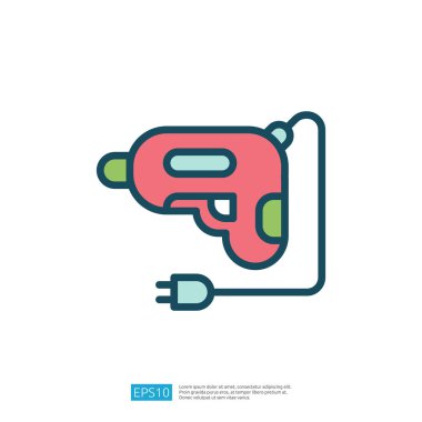 Bu resim, genellikle el yapımı ve DIY projelerinde kullanılan bir güç kablosu ile sıcak tutkal tabancasının stilize edilmiş bir illüstrasyonunu tasvir eder..