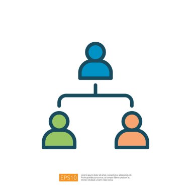 En üstte bir, altta iki kişinin bulunduğu basit bir organizasyon çizelgesi, hiyerarşik bir yapıyı gösteriyor. Düz çizgi biçim simgesi