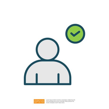Yeşil bir işaretin yanında, onay ya da onayı simgeleyen basit ve stilize bir kişinin temsili. Düz çizgi biçim simgesi