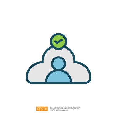 Bulutun içinde bir kişiyi gösteren basit bir grafik, üzerinde bir işaret olan, başarıyı, başarıyı ya da tamamlamayı simgeleyen dijital bir bağlamda. Düz çizgi biçim simgesi