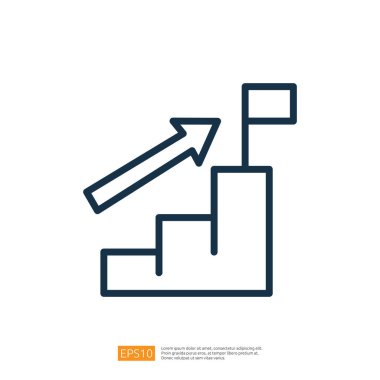 Bu resim, üzerinde ok ve bayrak bulunan, gelişimi, başarıyı ve hedef ayarlarını sembolize eden, yukarı doğru giden stilize bir merdiven tasvir ediyor..
