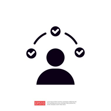 Yukarıda üç işaretli bir kişinin grafik temsili, görev veya hedeflere ulaşmayı simgeliyor.