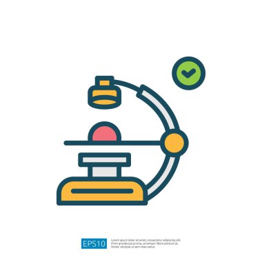 Bilimsel araştırma ve keşfi sembolize eden renkli bir mikroskop çizimi, onay veya başarıyı gösteren bir işaret ile.