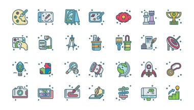 Yaratıcı Simgelerin Renkli Koleksiyonu Tasarımcılar ve Sanatçılar için Çeşitli Sanat Biçimleri ve Sanatsal Araçlar Temsil Ediyor