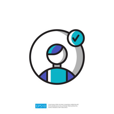 Doğrulama ya da onaylama öneren işaretli biçimlendirilmiş bir kişi illüstrasyon simgesi. Kimlik, doğrulama veya kullanıcı statüsü kavramlarını temsil eder.
