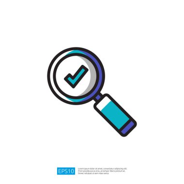 İçinde kontrol işareti olan biçimlendirilmiş bir büyüteç, doğrulama veya doğrulama simgesi simgesi