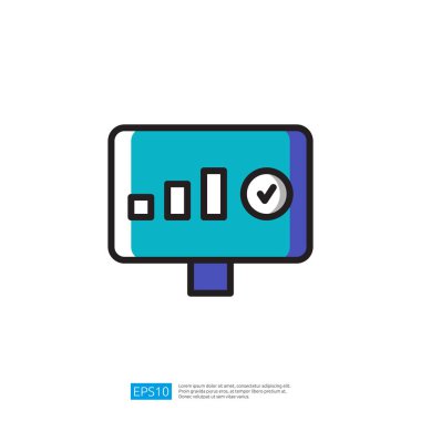 Bağlantı veya sinyal gücünü temsil eden bir minimalist illüstrasyon simgesi, bir çubuk grafik ve kontrol işareti, başarılı bir bağlantı veya durum durumu önerir