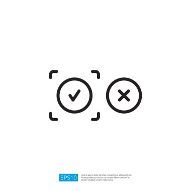 Resim, bir seçim veya karar verme sürecini gösteren dikdörtgen bir çerçeveye eklenmiş bir kontrol işareti ve X sembolü içerir..