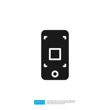 Bu resim, mobil teknoloji ve fotoğrafçılığı temsil eden kare kameralı akıllı telefonun basit, biçimlendirilmiş siyah bir simgesini içerir..