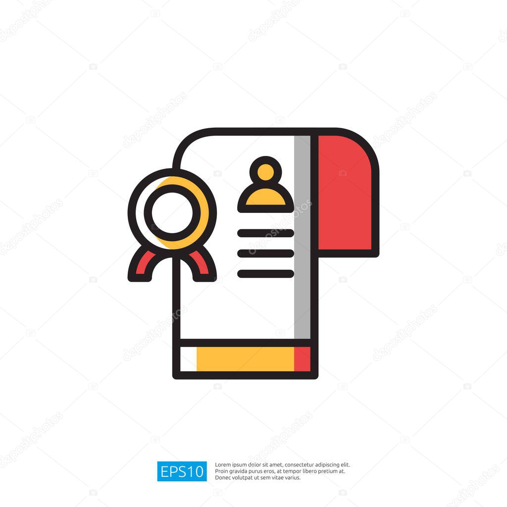 Minimalist Icon of Certificate with Ribbon and Outline in Red and Gold Color Scheme