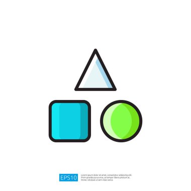 Renkli geometrik şekiller, üçgen, kare ve daire, canlı tasarım elementleri ve modern estetik sunan minimalist bir vektör ilüstrasyonunda uyumlu olarak düzenlenmiştir.