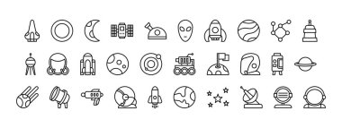 Gök cisimleri ve uzay elementlerinin vektör simgesi Evrenin Harikalarını ve Kozmik Keşifleri