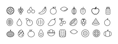 Zarif Çizgi Sanat Meyve Simgeleri Koleksiyonu Muz Limonlu Elma Kirazı ve Minimalist Arkaplanda Karpuz