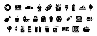 Bu resim, menüler veya yiyeceklerle ilgili grafikler için ideal olan çeşitli yiyecek ve içecek öğelerini temsil eden siyah simgelerin bir koleksiyonunu içerir..