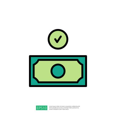 Para Simgesi Temsili Başarılı İşlem Onayı Yeşil Banknote ve Kontrol İşareti Sembolü