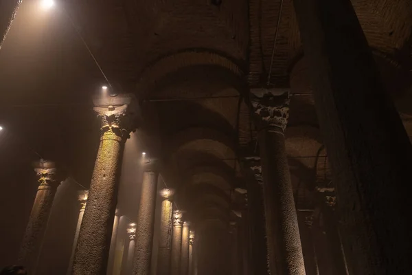 Stock image Columns and ceiling of an historical building. Byzantine architecture. Basilica Cistern in Istanbul. Noise included. Selective focus.