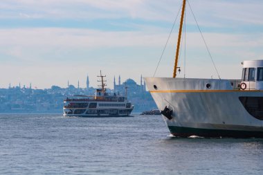 İstanbul 'un Kadıköy' den gelen ünlü feribotları. Arka planda İstanbul 'un tarihi yarımadası.
