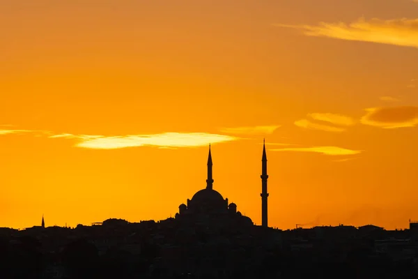 Moské Bakgrund Foto Silhuett Fatih Moskén Istanbul Vid Solnedgången Islamisk — Stockfoto