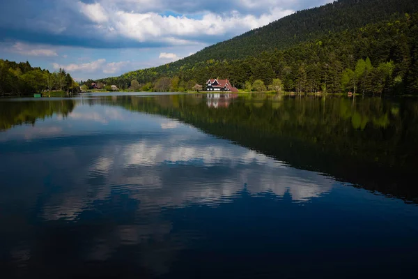 Bolu Golcuk Doğa Parkı. Türkiye 'nin doğal güzellikleri. Orman ve gölün yansıması. Türkiye 'ye Seyahat.