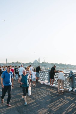 Arka planda Galata Köprüsü ve Süleyman Camii 'ndeki turistler ve balıkçılar. İstanbul 'daki dikey arka plan fotoğrafına git. İstanbul Türkiye - 8.20.2022