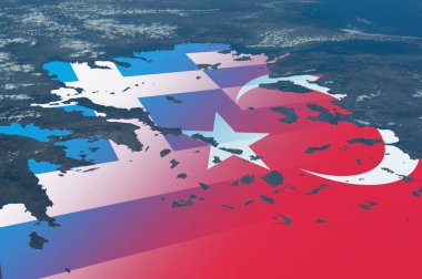Turkey vs Greece. Turkiye and Greece conflict or military crisis or deal or negotiation or relations or warfare or partnership concept photo. Elements of this image furnished by NASA. clipart