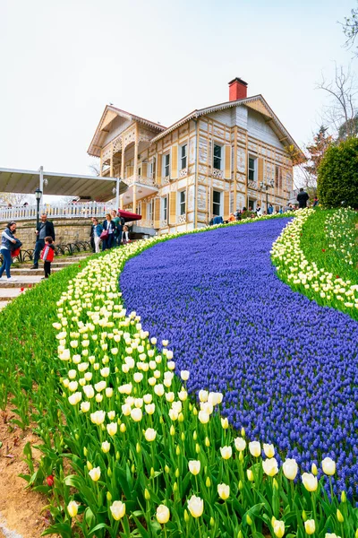 Sari Kosk Yellow Pavilion Emirgan Park Tulips Spring Travel Istanbul — Stock Photo, Image