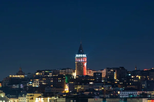Geceleri Galata Kulesi Stanbul Şehri Galata Kulesi Stanbul Daki Arka — Stok fotoğraf